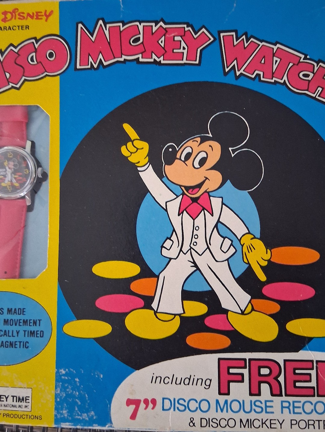Walt Disney Disco Mickey Wind Up Watch Red W/ 7” Mouse Record - Rare